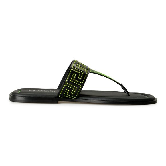 Versace Men\'s Black & Green Leather Pool Slide Flip Flops Shoes US 10 IT 43
